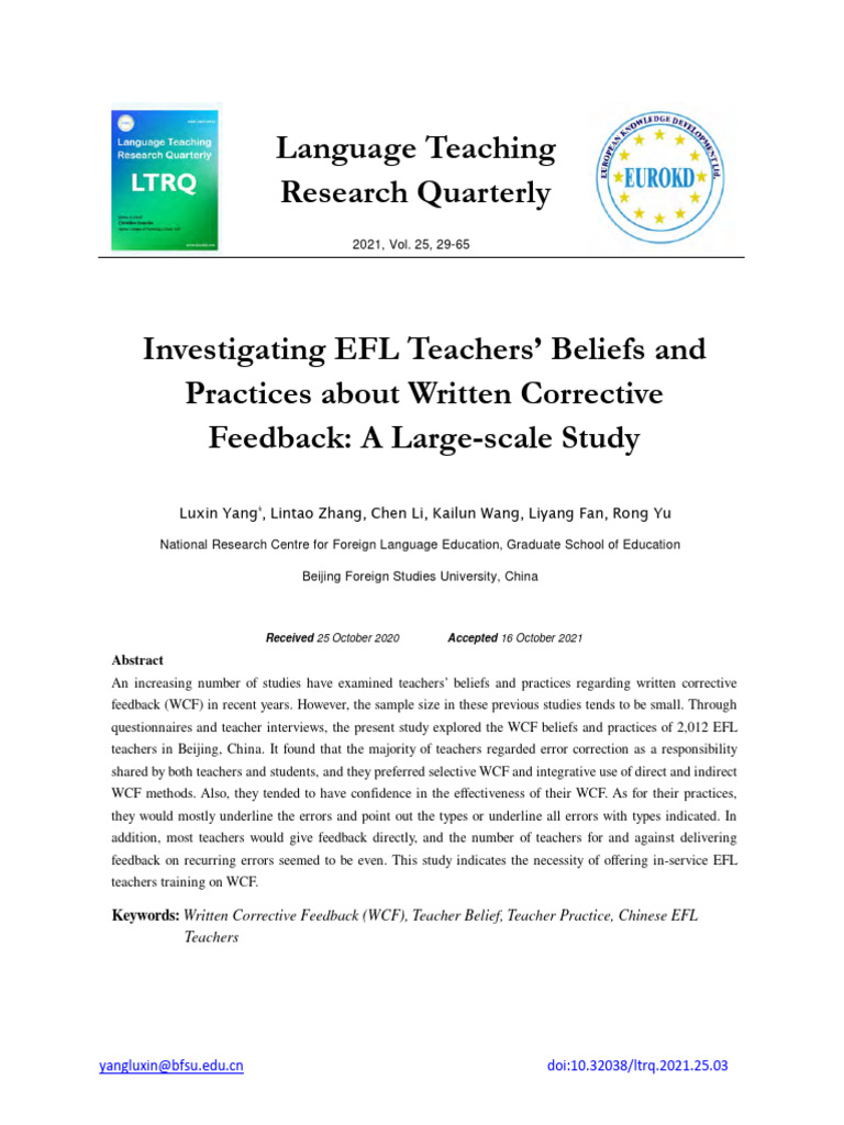 EFL Teachers' WCF Beliefs and Practices | PDF | Survey Methodology ...
