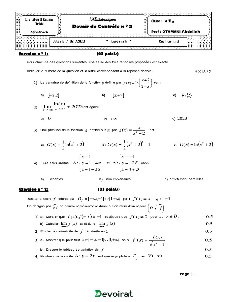 Devoir Math Bac Technique 2023 | PDF | Tangente (géométrie) | Courbe