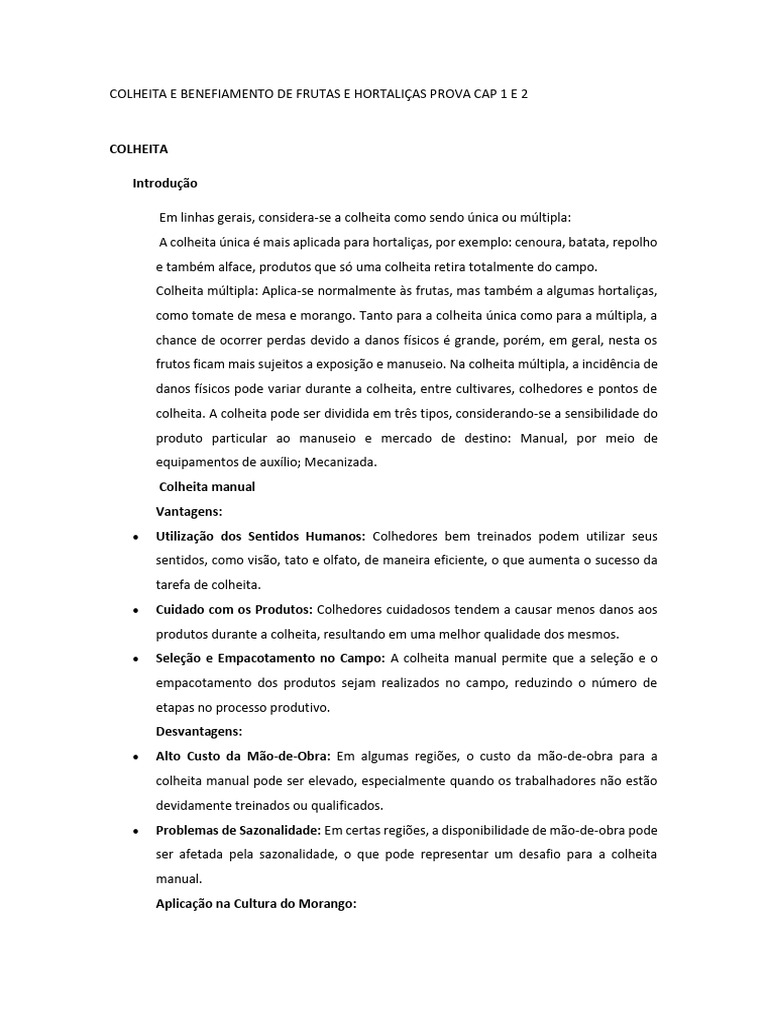 Colheita e Benefiamento de Frutas e Hortaliças Prova Cap 1 e 2 | PDF ...