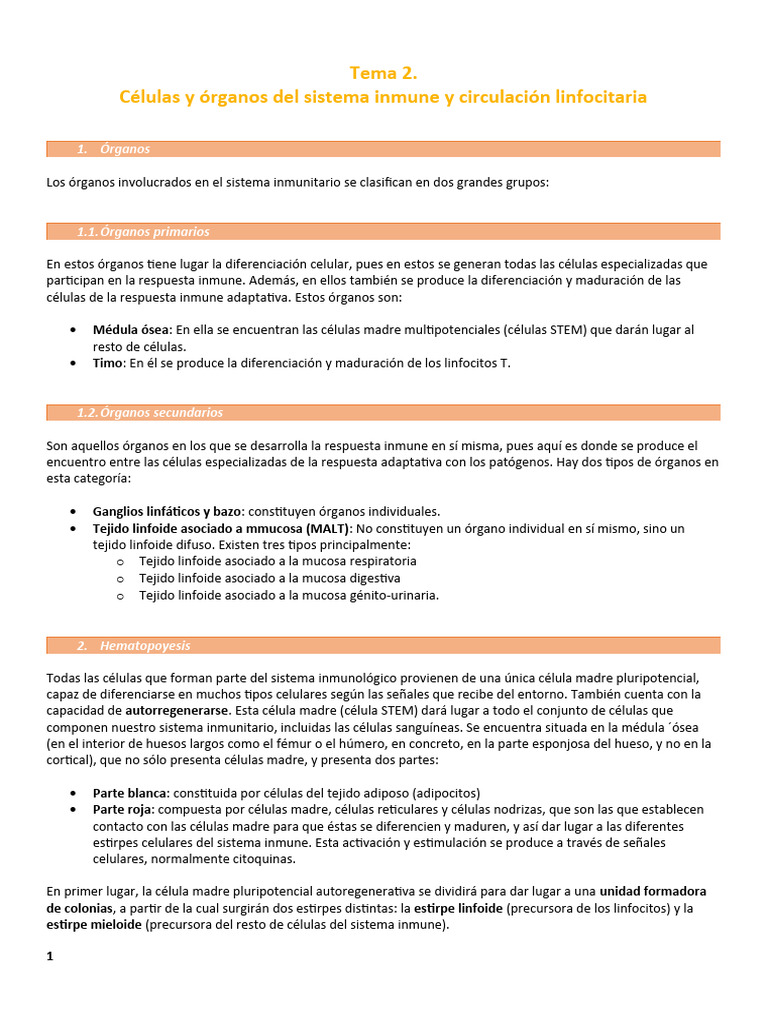 Tema 2 Células Y órganos Del Sistema Inmune Y Circulación Linfocitaria