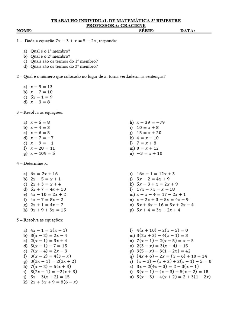 Atividade 8 Ano | PDF | Equações | Matemática