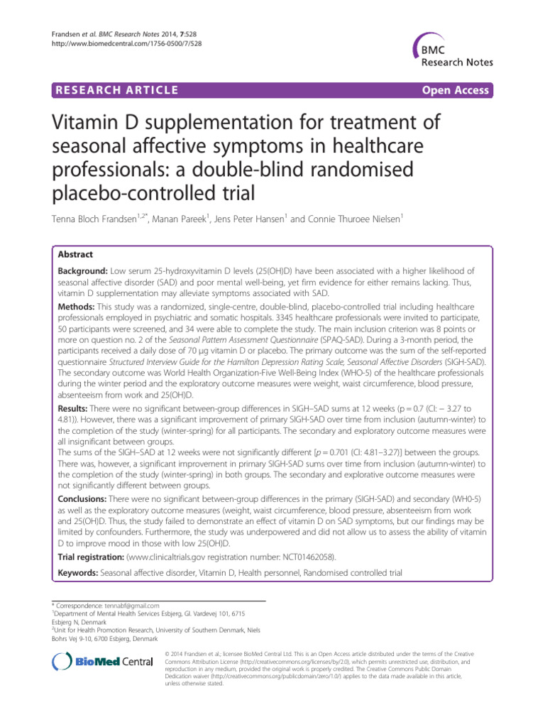 Vitamin D Supplementation For Treatment of Seasonal Affective Symptoms ...