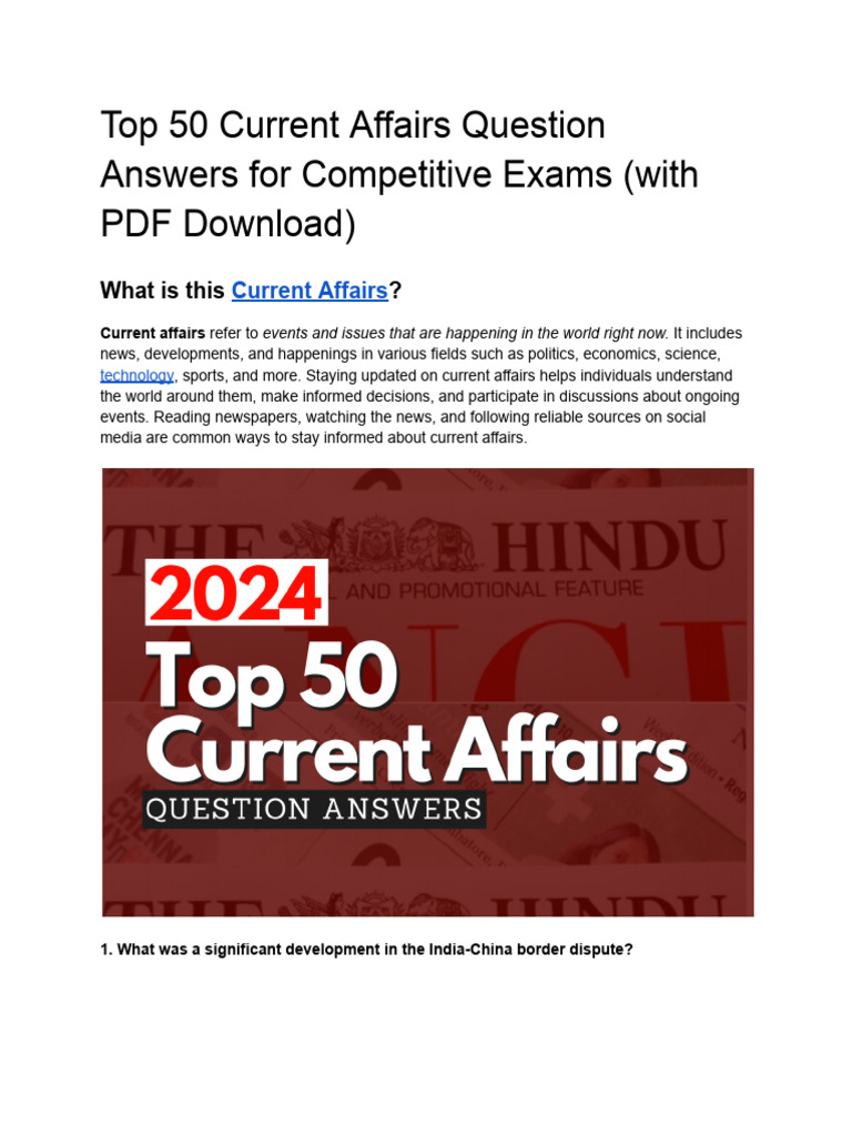 Top 50 Current Affairs of 2024 | PDF | Climate Change | Renewable Energy