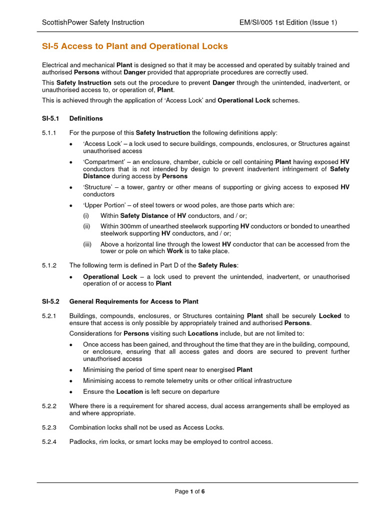 SI-005 Access To Plant and Operational Locks Rev1 | PDF | Switch ...