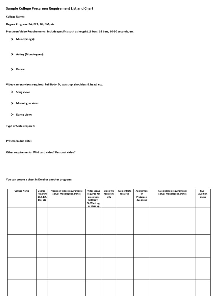 Sample College Audition Chart | PDF
