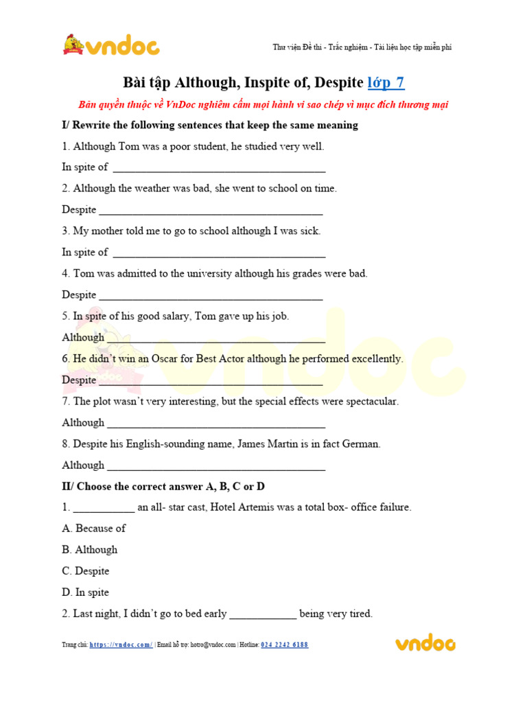 Exercises on Although, Despite, In Spite | PDF