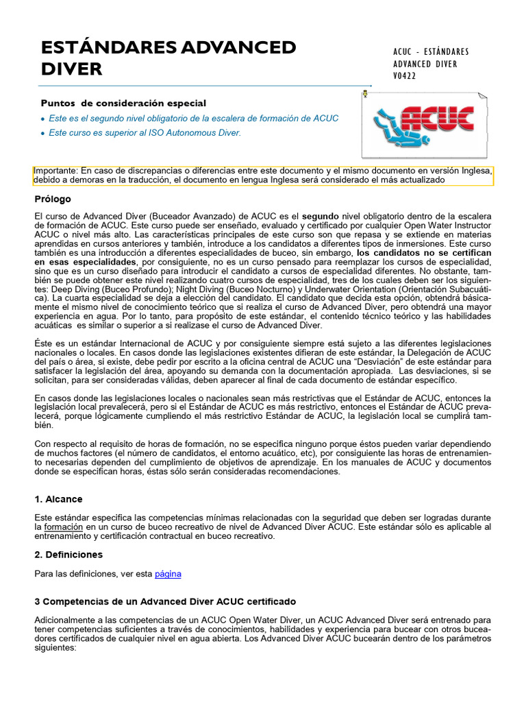 Curso de Buceo Avanzado ACUC: Estándares | PDF | Buceo bajo el agua | Agua