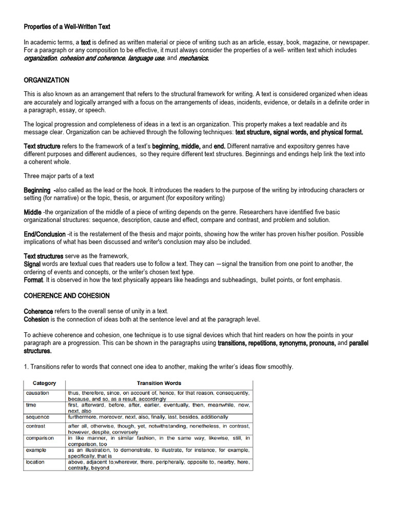 Reading and Writing Properties of Well Written Text | PDF | Essays ...