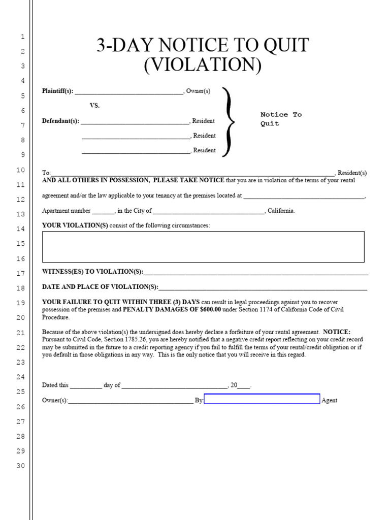 000california 3 day notice to quit for non compliance incurable pdf