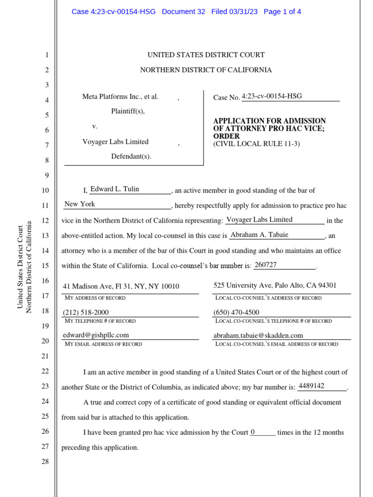 Pro Hac Vice Admission Application Form | PDF | United States District ...