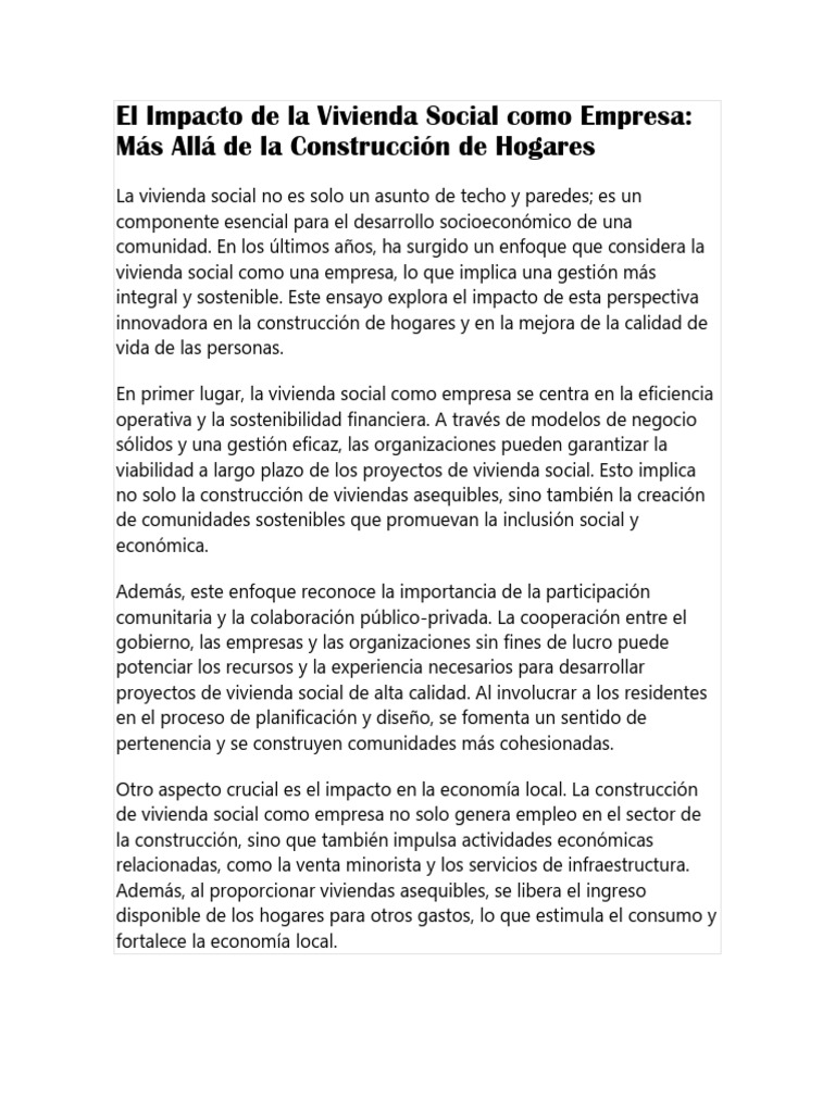El Impacto de La Vivienda Social Como Empresa | PDF | Business ...