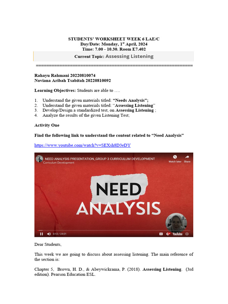 Assessing Listening Skills Worksheet | PDF | Reading Comprehension | Flood