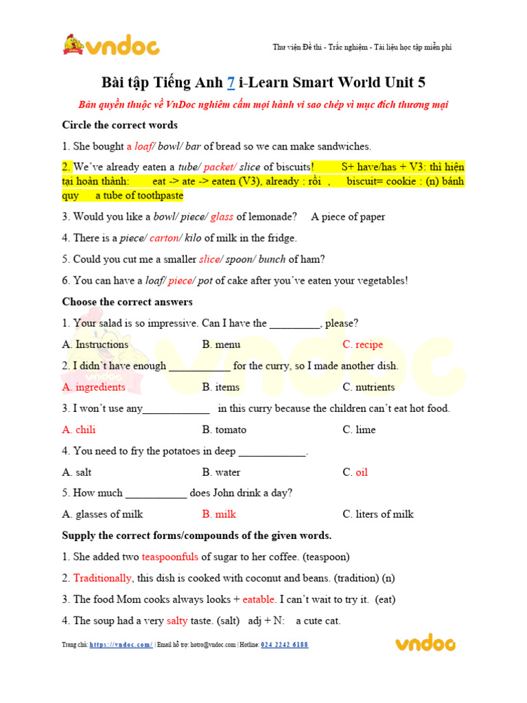 Bai Tap Tieng Anh 7 I Learn Smart World Unit 5 | PDF | Food And Drink ...