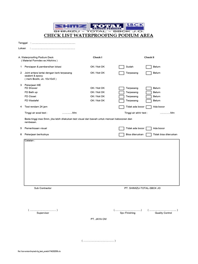 Checklist Waterproofing Podium Area | PDF