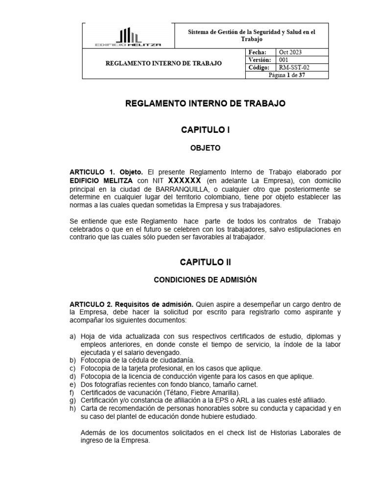 Reglamento Interno de Trabajo | PDF | Salario | Tiempo de trabajo