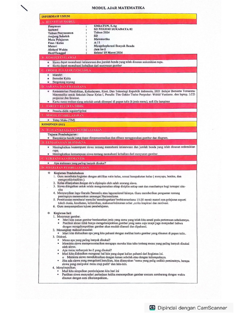 Modul Ajar MTK Kls 1 | PDF