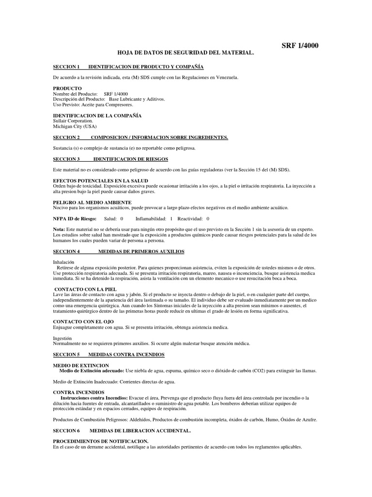 Hoja de Datos de Seguridad Del Material SRF 1 4000 | Descargar gratis ...