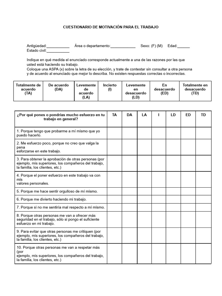 Cuestionario de Motivación Laboral | PDF