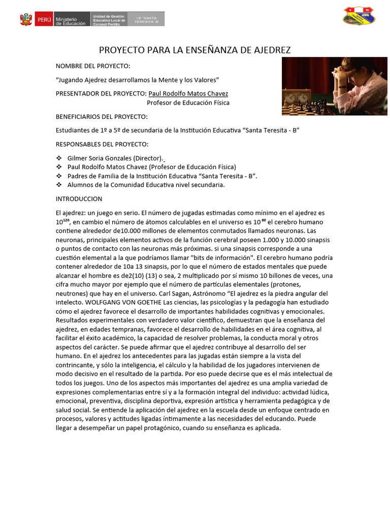Proyecto para La Enseñanza de Ajedrez Santa Teresita | PDF | Ajedrez ...
