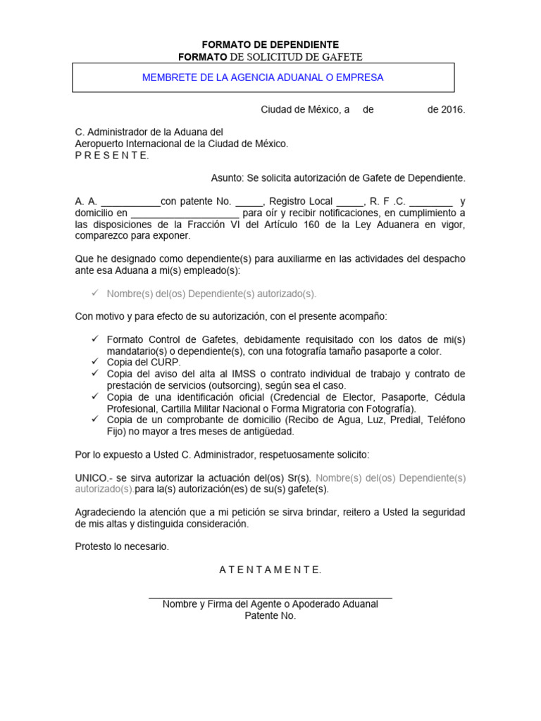 Formato de dependiente pdf