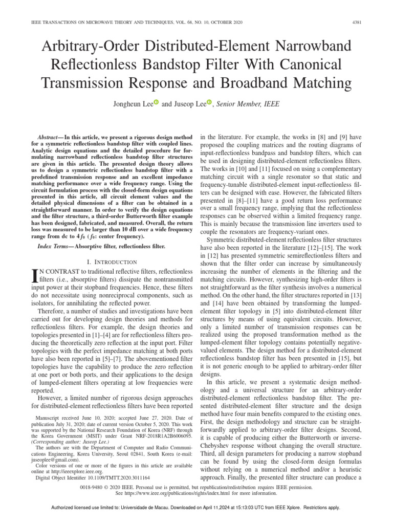 Reflectionless Bandstop Filter Design | PDF | Electronic Filter ...