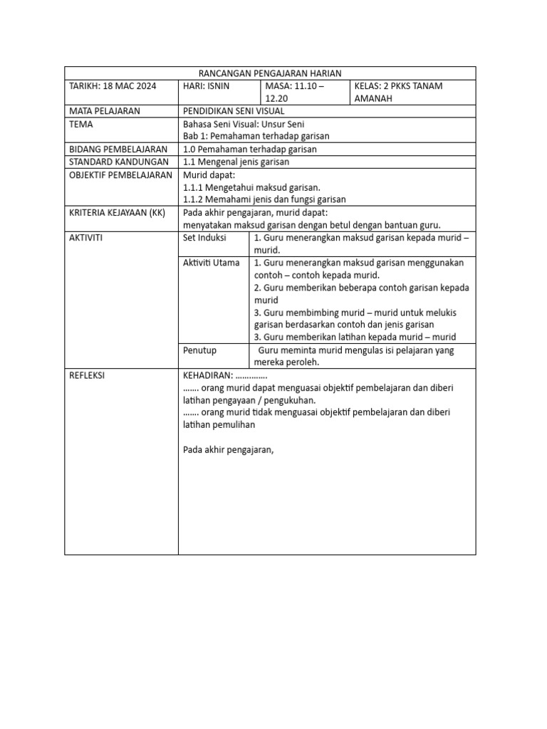 Rancangan Pengajaran Seni Visual Kelas 2 | PDF | Seni