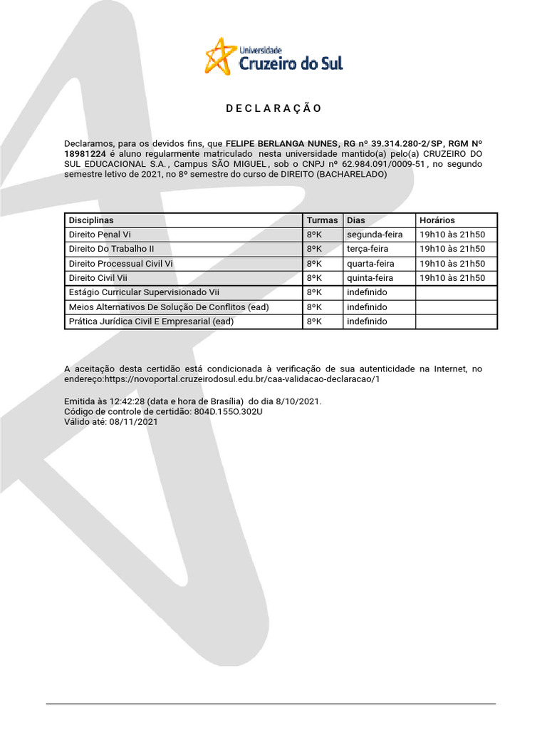 Declaração de Matrícula - Cruzeiro do Sul | PDF