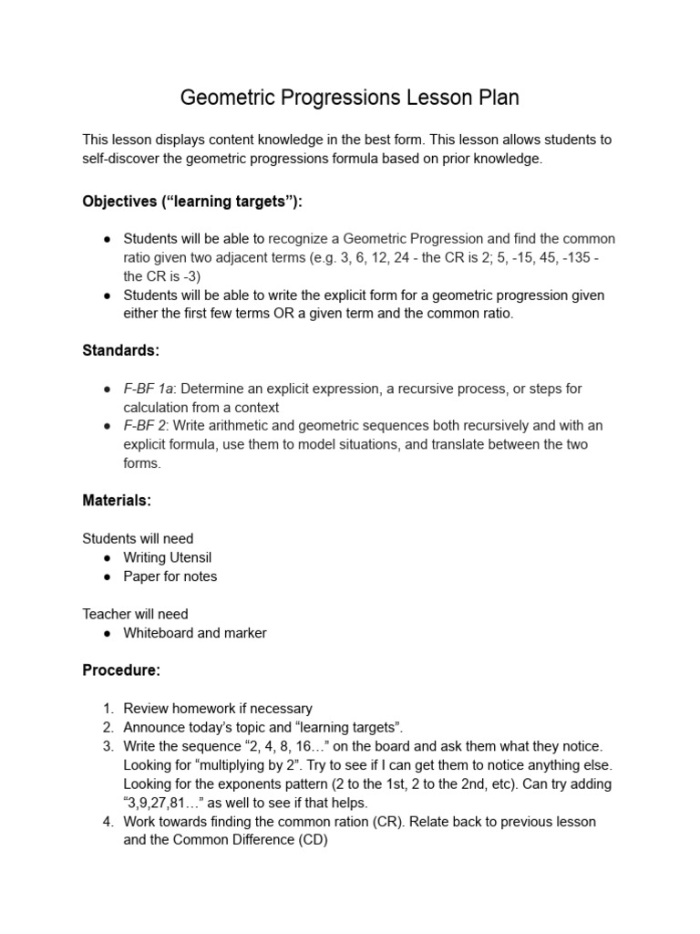 Geometric Progressions Lesson Plan | PDF | Cognition | Mathematics