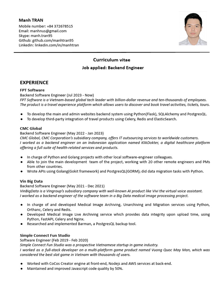 Backend Engineer CV of Manh Tran | PDF | Computing | Information Technology