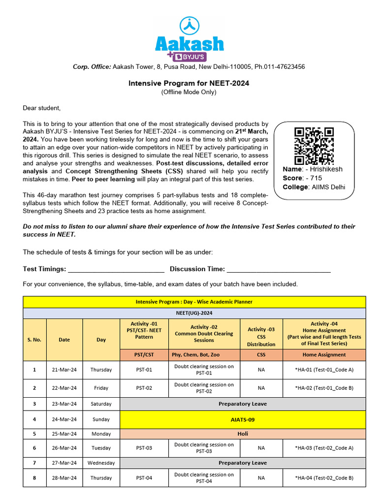NEET-2024 Intensive Test Series Details | PDF | Tests | Qualifications