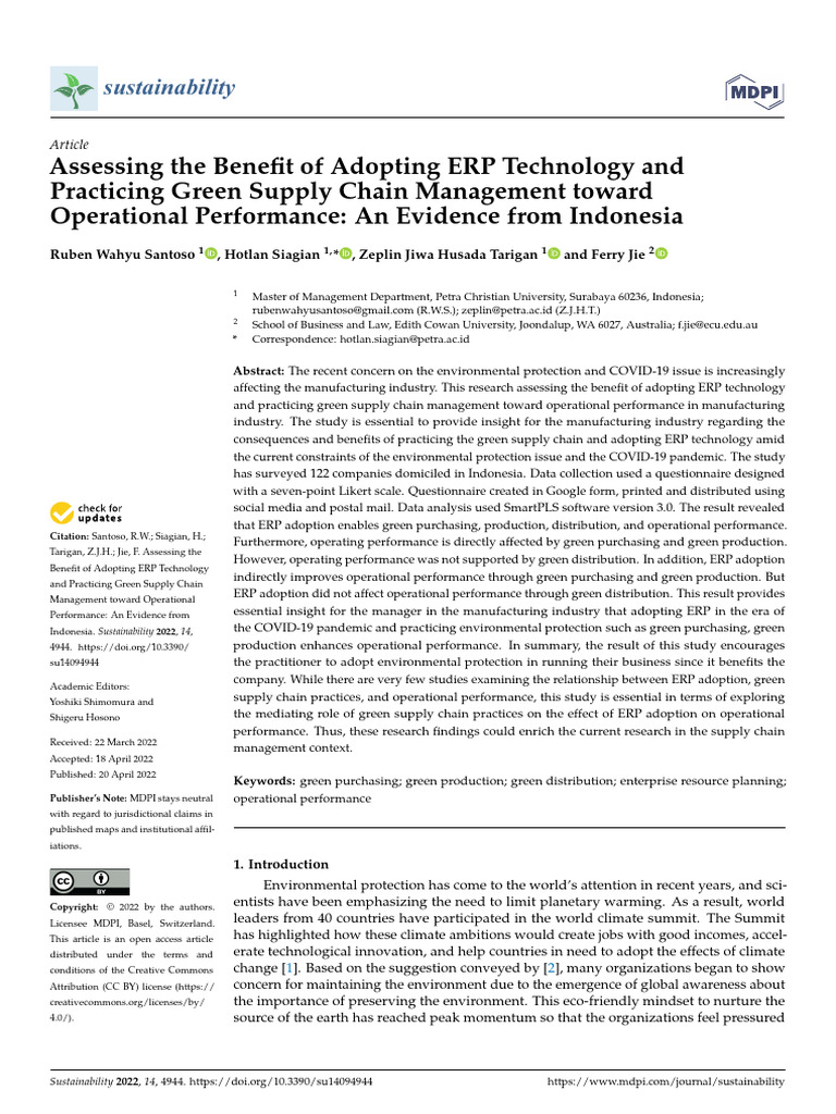 Sustainability 14 04944 | PDF | Supply Chain | Enterprise Resource Planning