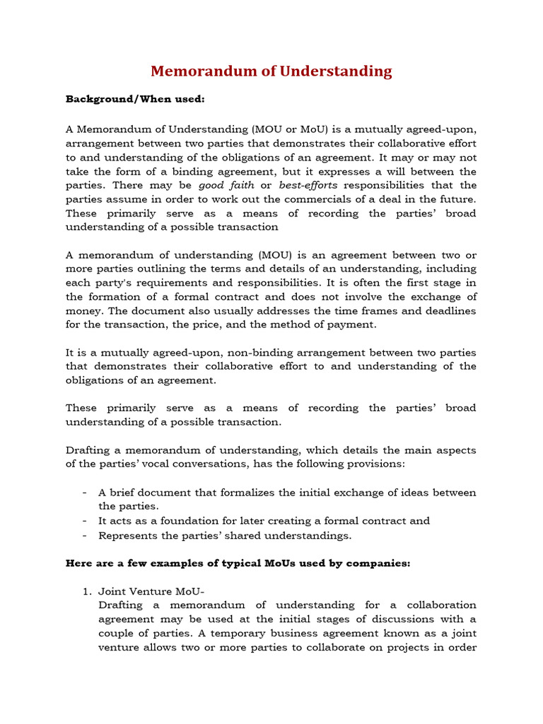 MOU - Notes | PDF | Memorandum Of Understanding | Indemnity