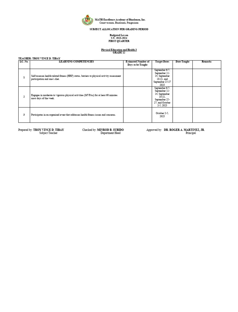 Grade 12 PE & Health Schedule | PDF | Physical Education