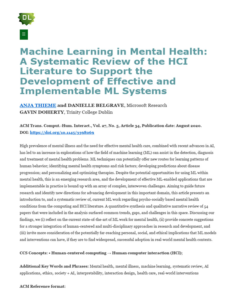 Machine Learning in Mental Health: A Systematic Review of The HCI ...