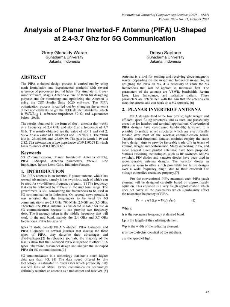 U-Shaped PIFA Antenna for 5G Use | PDF | Antenna (Radio) | Electronics
