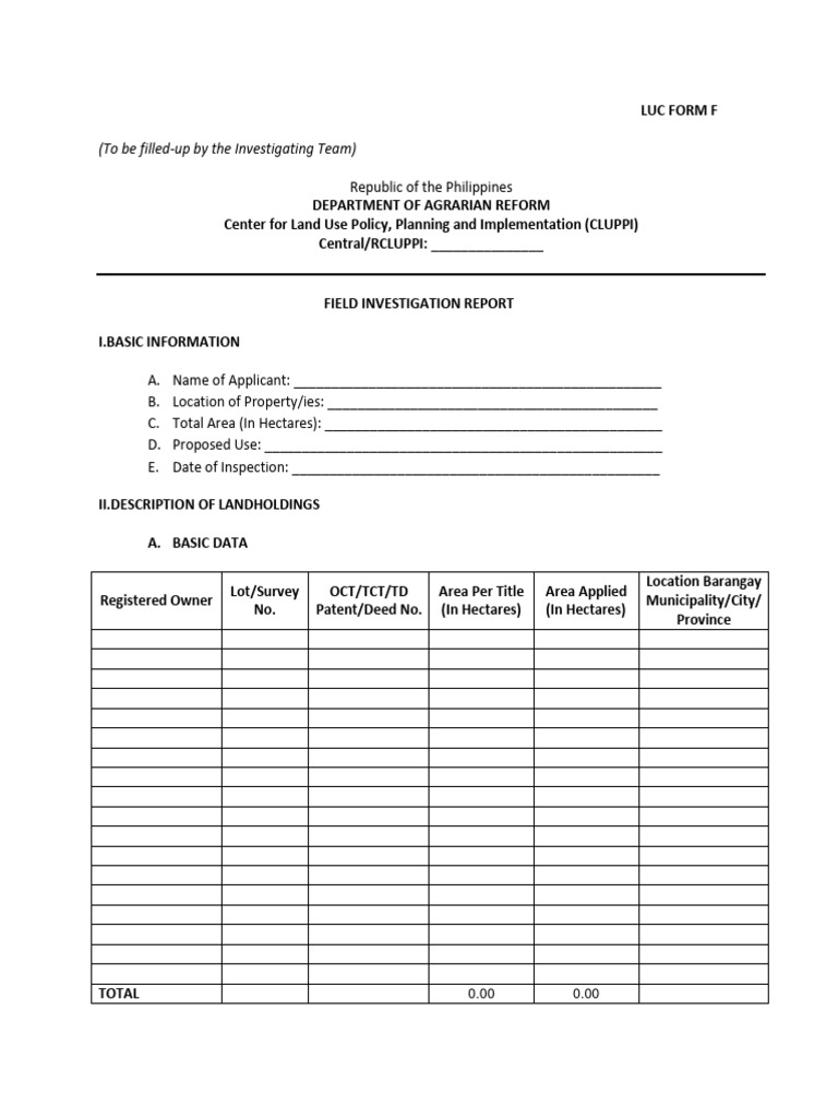 DAR+-+LUC+FORM+F+-+Field+Investigation+Report+(as+of+13Aug2019) | PDF ...