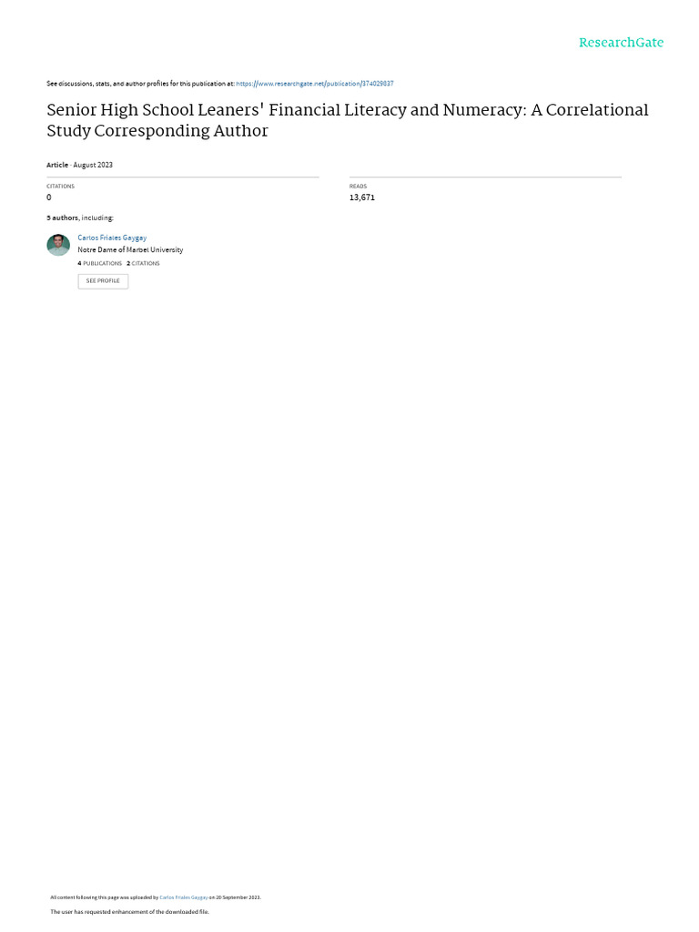 Senior High School Leaners' Financial Literacy and Numeracy: A ...