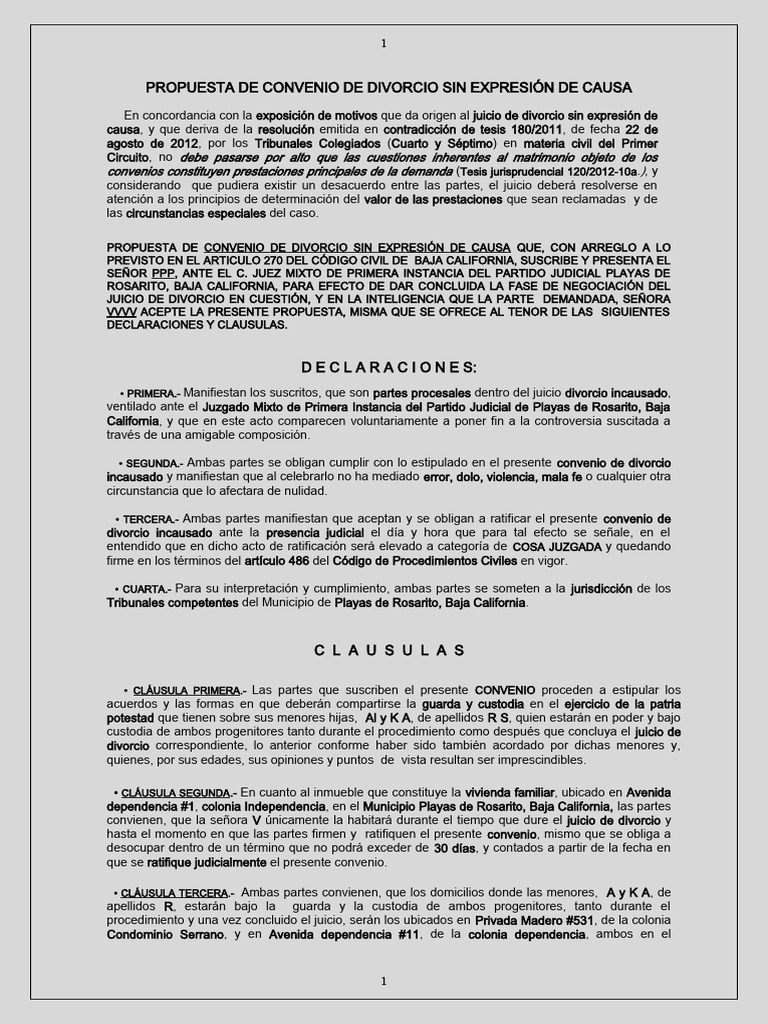 Convenio Propuesta para Dirimir Divorcio Incausado-Ok | PDF | Propiedad ...