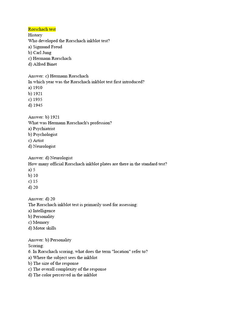Rorschach Test: History and Scoring | PDF | Behavioural Sciences ...
