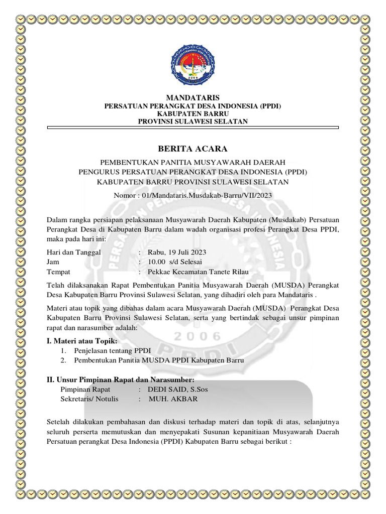 Pembentukan Panitia Musda PPDI Barru | PDF