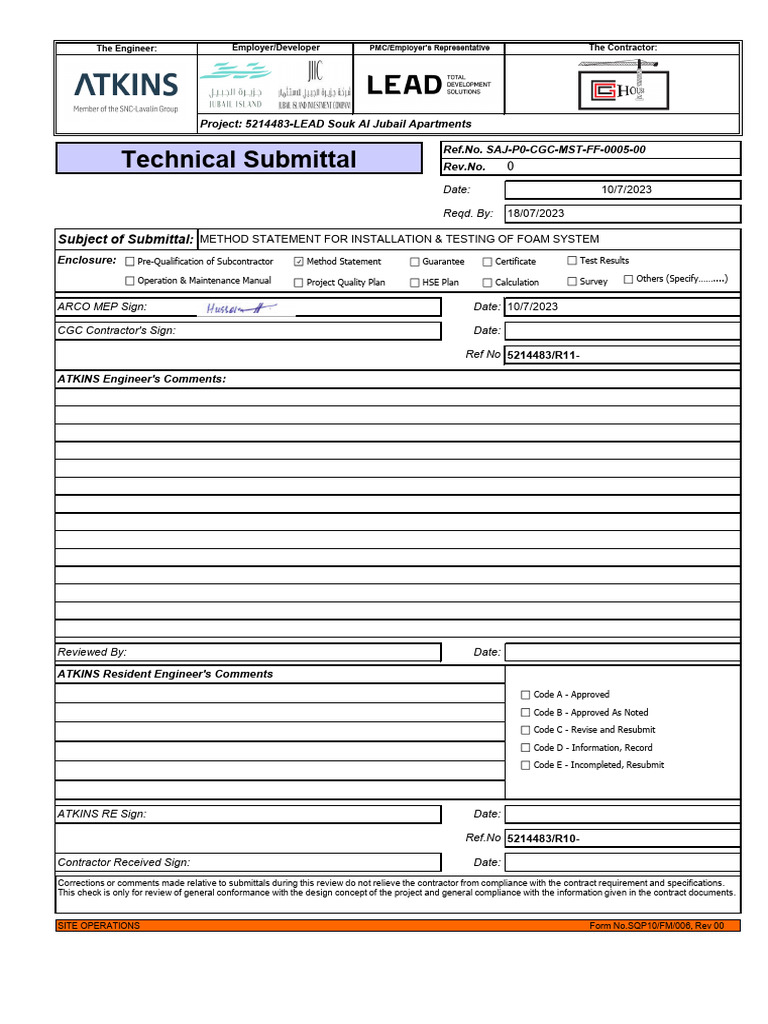 Foam Fire Suppression System Method Statement | PDF | Pipe (Fluid ...