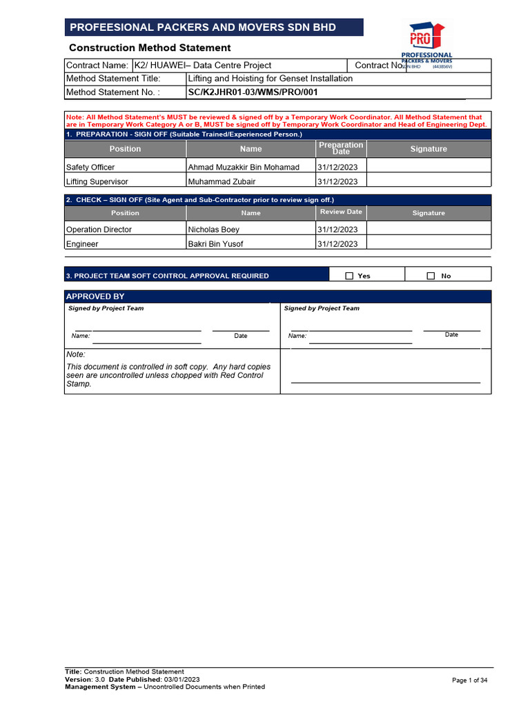 Genset Installation Lifting Method Statement | PDF | Crane (Machine ...