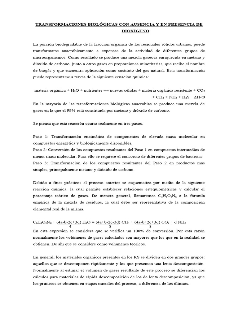 Transformaciones Biol - Gicas | PDF | Metano | Dióxido de carbono
