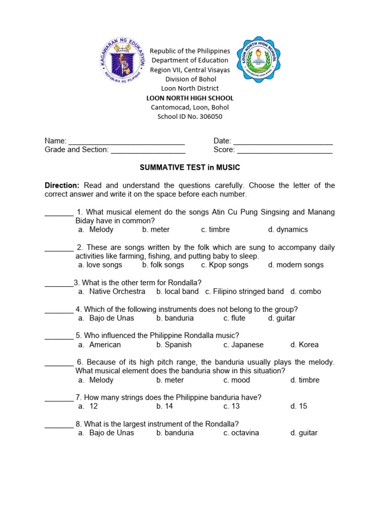 Music Summative Test Q1 Download Free Pdf Musical Instruments