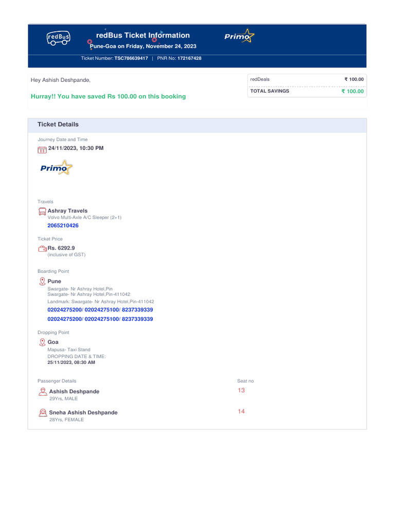 Pune Goa Bus Ticket | PDF | Baggage | Bus