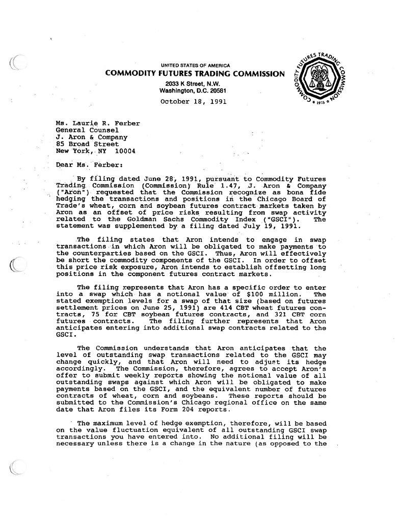 Laurie Ferber CFTC J Aron Letter 20090727 | PDF