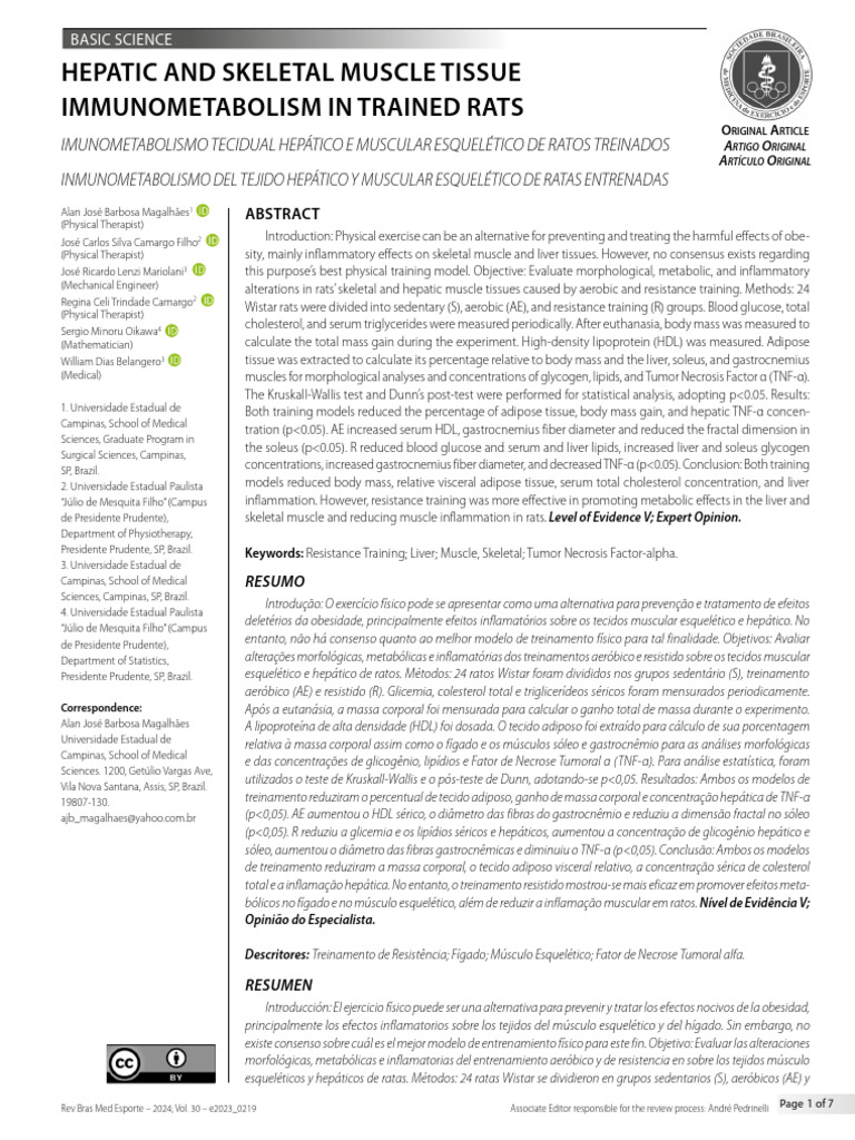 Hepatic and Skeletal Muscle Tissue Immunometabolism in Trained Rats ...