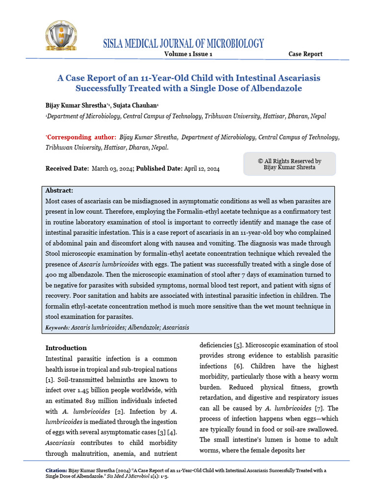 A Case Report of an 11YearOld Child with Intestinal Ascariasis