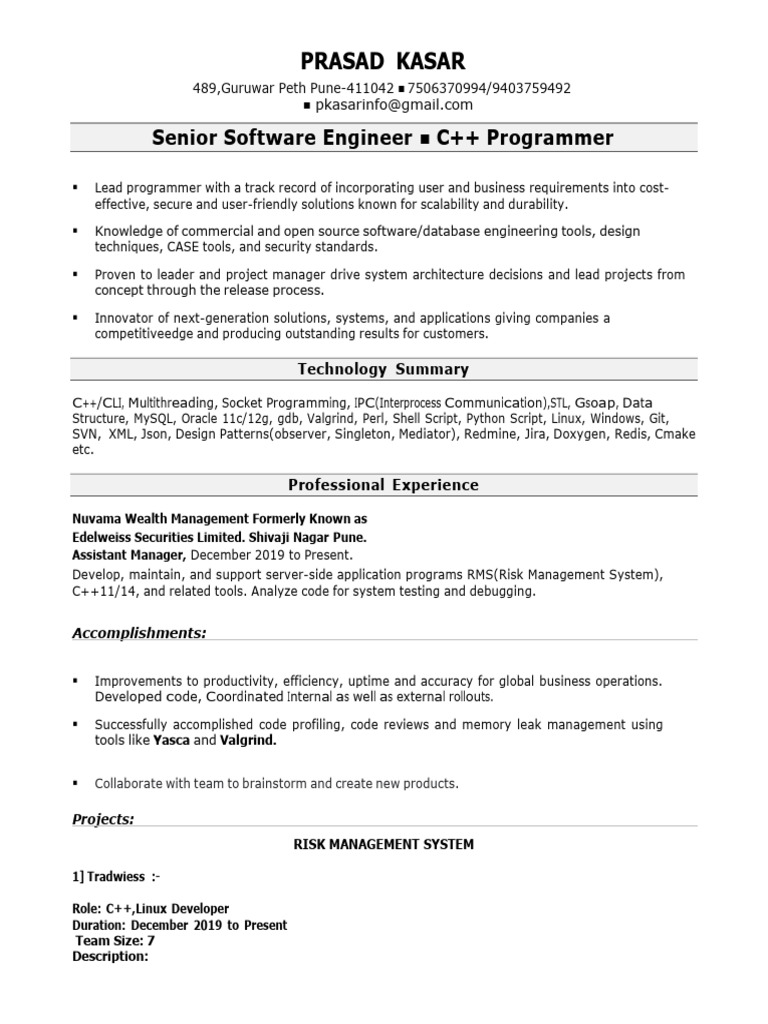 Prasad Kasar: C++ Developer Profile | PDF | Computer Programming | Software