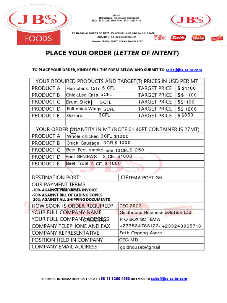 JBS SA Order Form and Contact Info | PDF